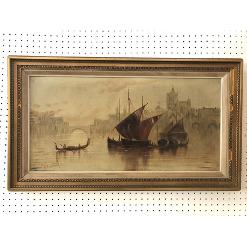 873 - H. Knight (20th century) - Venetian water scene with gondolas, oil on canvas, signed lower left, 31c... 