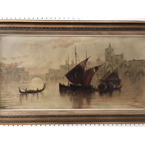 873 - H. Knight (20th century) - Venetian water scene with gondolas, oil on canvas, signed lower left, 31c... 