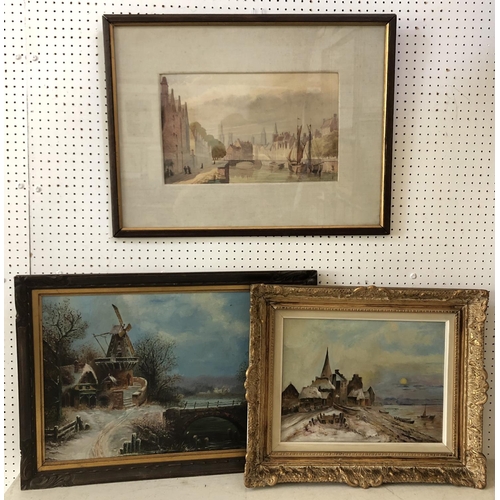 874 - Three unsigned framed paintings (late 19th - early 20th century) to include: city harbour scene with... 