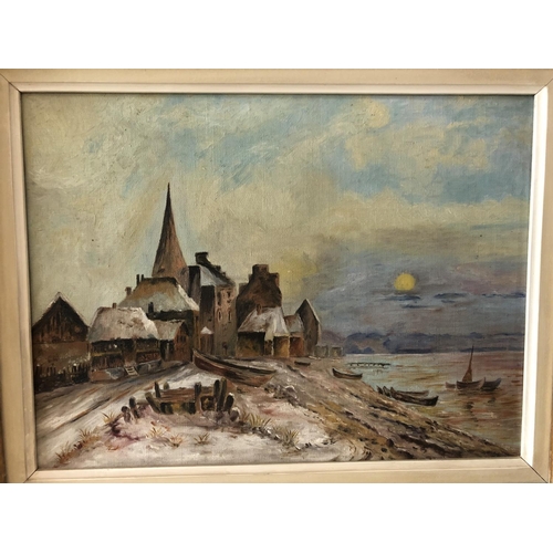 874 - Three unsigned framed paintings (late 19th - early 20th century) to include: city harbour scene with... 