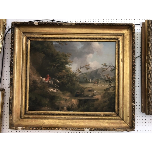 892 - Hunting scene print on canvas in antique gilt frame, frame dimensions approx. 83 x 72 cm