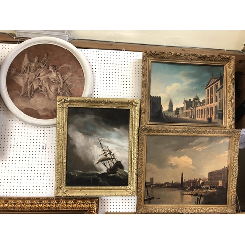 894 - Four framed prints to include - three in moulded gilt frames: maritime print on canvas, town scenes ... 