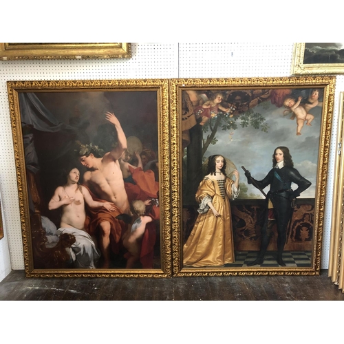 896 - Two large couple portrait paintings digital printed on canvas in matching moulded gilt frames, appro... 