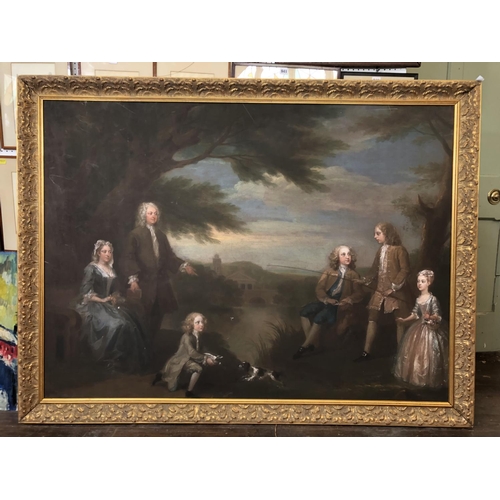 898 - Very large family portrait scene digital printed on canvas in moulded gilt frame, approx. 125 x 165 ... 