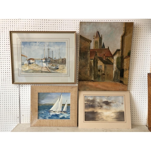 906 - Four paintings (two oil, two watercolour) to include: Claud Thibeaux - 'Donjon de Moret-sur-Loing' o... 