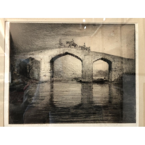 929 - Mortimer Luddington Menpes (1855-1938) - Three Horsemen Crossing Bridge, etching, signed in pencil l... 