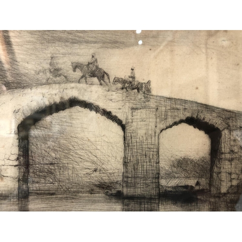 929 - Mortimer Luddington Menpes (1855-1938) - Three Horsemen Crossing Bridge, etching, signed in pencil l... 