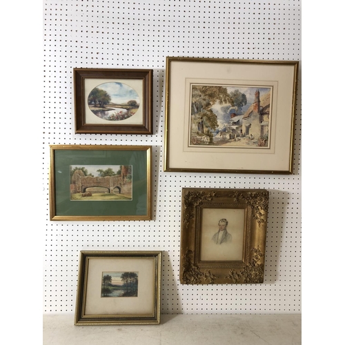 949 - Five framed watercolour paintings (19/20th century) to include: Village scene with man and dog, unsi... 