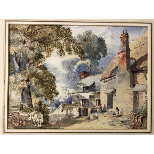 949 - Five framed watercolour paintings (19/20th century) to include: Village scene with man and dog, unsi... 