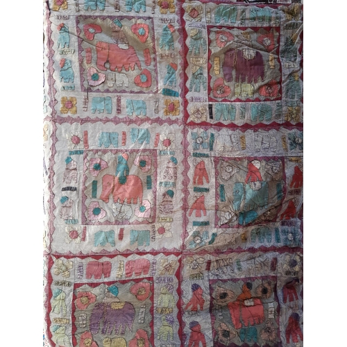 632 - Vintage Indian bedspread/ throw with elephant and flower motifs appliqued to a grey ground with dist... 