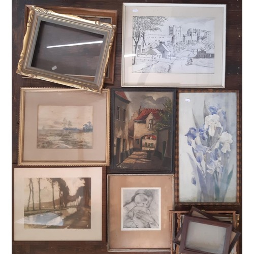 920a - Four framed artworks and a box of paintings, pictures and frames to include: Study of Greek bust, pe... 