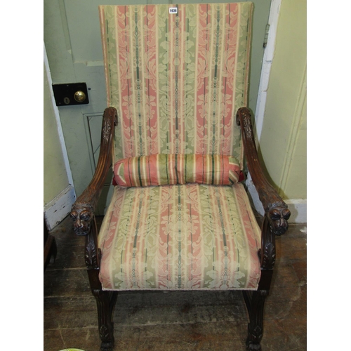 1636 - A late 19th century open elbow chair with carved and moulded framework, with lions mask and acanthus... 