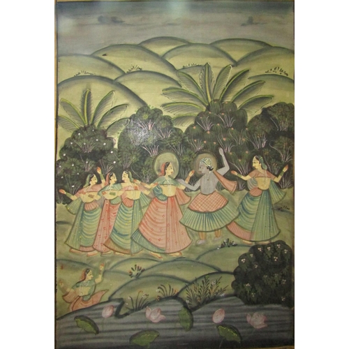 935a - 20th century Indian watercolour painting of young woman and man dancing in exotic landscape with yel... 