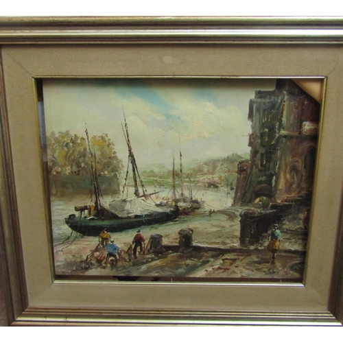 998 - Six artworks to include paintings, sketches and etchings: Harbour Scene, oil on canvas, signed lower... 