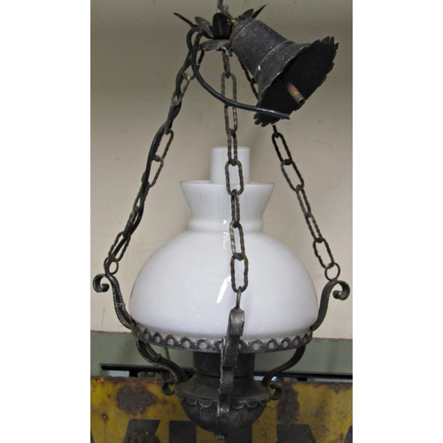 1122 - Victorian hanging oil lamp with brass frame and reservoir (complete with opaque glass shade), togeth... 