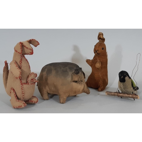 280 - Collection of 4 small vintage toys including a velveteen squirrel height 14cm, a full bodied pig, a ... 