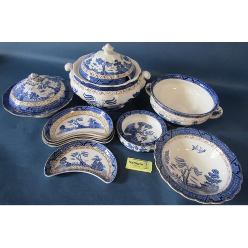 1007 - A collection of Booths Real Old Willow table wares comprising a seven piece supper set within a timb... 