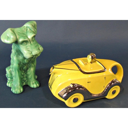 1024 - A Sadlers art deco teapot in the form of a yellow motorcar with lustred edges together with a green ... 