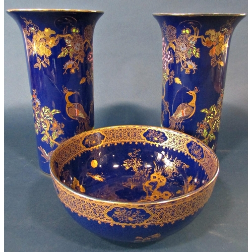 1029 - A blue and gilt ground Wilton ware open bowl, further pair of Wilton ware cylindrical vases with sle... 