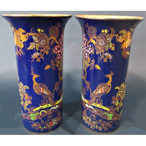 1029 - A blue and gilt ground Wilton ware open bowl, further pair of Wilton ware cylindrical vases with sle... 