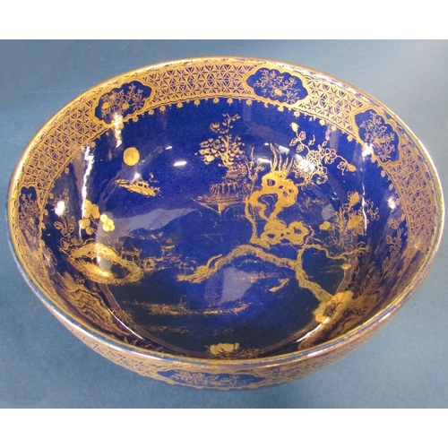 1029 - A blue and gilt ground Wilton ware open bowl, further pair of Wilton ware cylindrical vases with sle... 