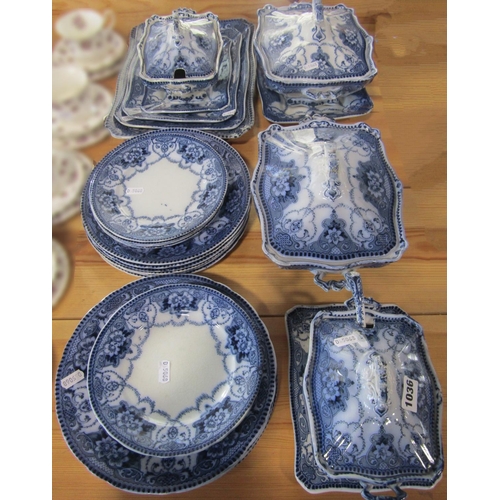 1036 - A collection of late Victorian Douglas pattern dinner wares in a blue and white colourway comprising... 