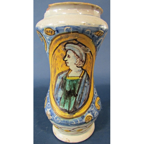 1041 - Continental majolica drug jar, the body of waisted form, with hand painted character and repeating s... 