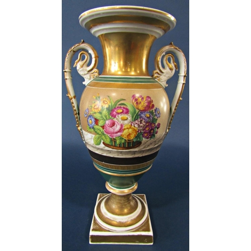 1048 - 19th century Parisian vase with hand painted floral panel, scrolled handles, raised on a square cut ... 