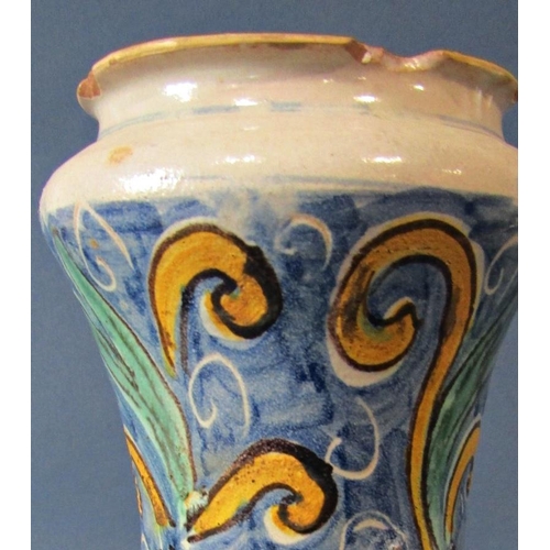 1041 - Continental majolica drug jar, the body of waisted form, with hand painted character and repeating s... 