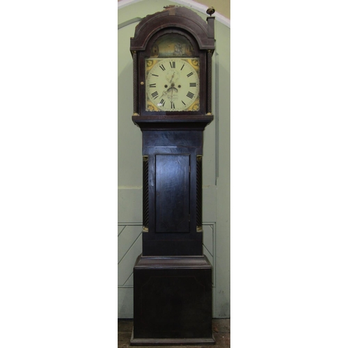 2633 - A Regency mahogany longcase clock with arched outline and spiral column supports enclosing a painted... 