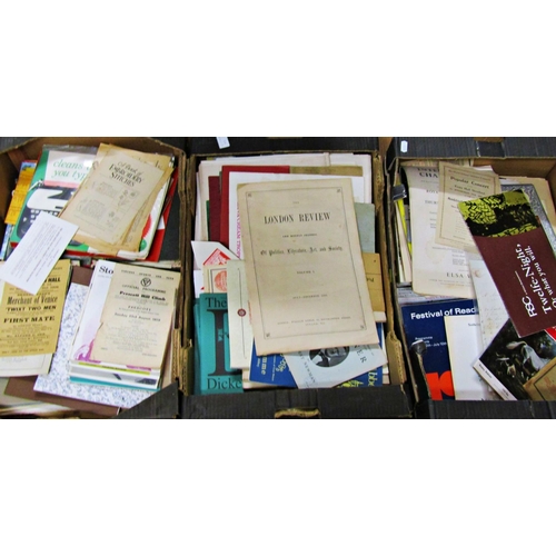 208 - Three boxes of general mixed ephemera to include period magazines, vintage catalogues, royalty, arts... 