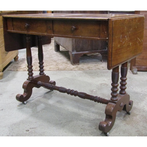 2313 - A 19th century mahogany drop leaf sofa table with moulded outline over two frieze drawers raised on ... 