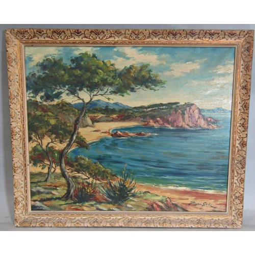 27 - Two 20th century oil paintings of coastal scenes to include: Rigau Geli - 'Playa de sa Conca Costa B... 