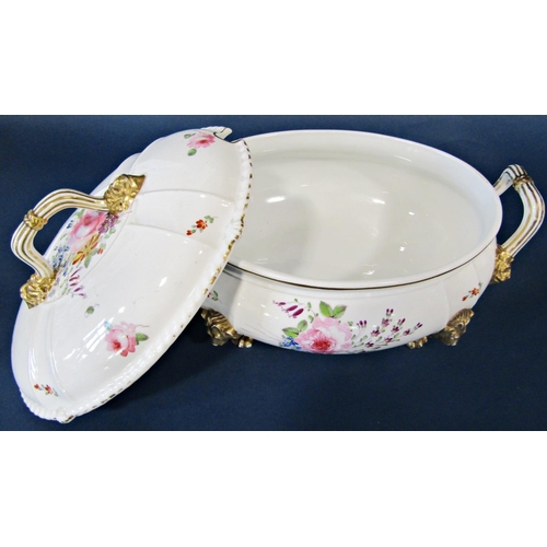 1053 - An early 19th century  Derby tureen and cover with floral sprays, raised on gilded lions mask and pa... 