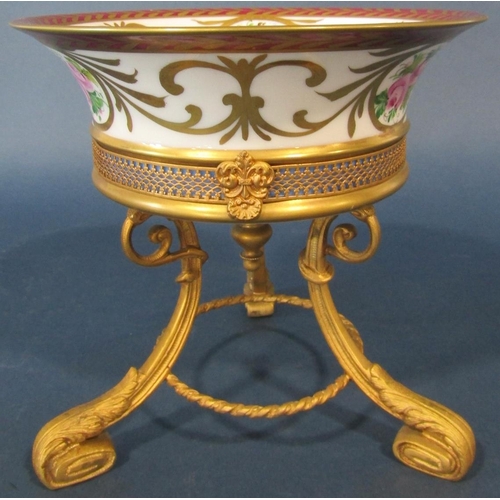 1053a - French porcelain table centre with hand painted floral sprays and gilded highlights on a gilded bras... 