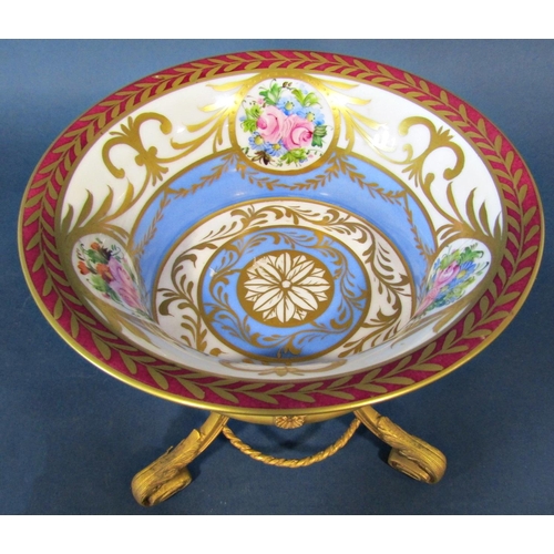 1053a - French porcelain table centre with hand painted floral sprays and gilded highlights on a gilded bras... 