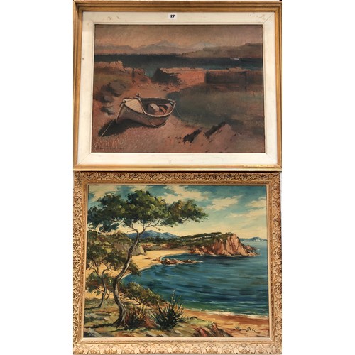 27 - Two 20th century oil paintings of coastal scenes to include: Rigau Geli - 'Playa de sa Conca Costa B... 