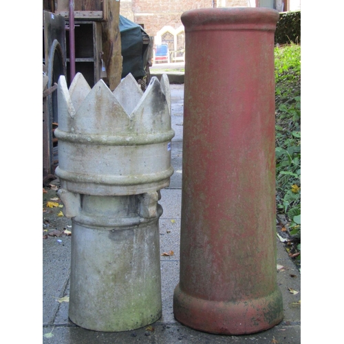 2006 - A weathered buff coloured clay crown top chimney pot 72 cm high, together with a tall canon barrel e... 