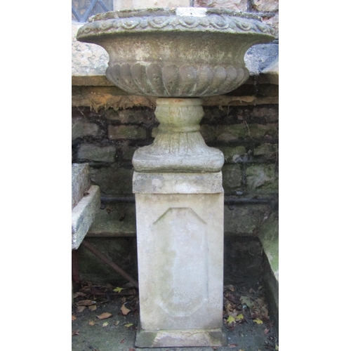 2012 - A weathered cast composition stone garden urn, the shallow circular lobed bowl with flared egg and d... 