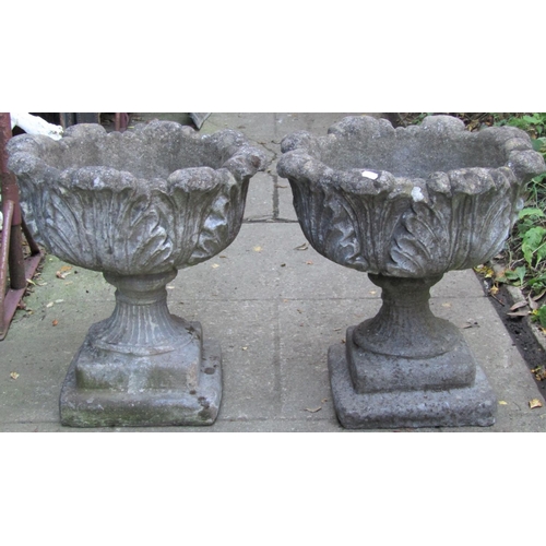 2021 - A pair of weathered cast composition stone garden urns with circular acanthus/cabbage leaf bowls rai... 