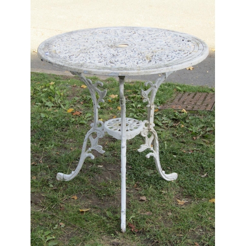 2029 - A cream painted cast aluminium garden terrace table with decorative circular pierced top, 67 cm diam... 