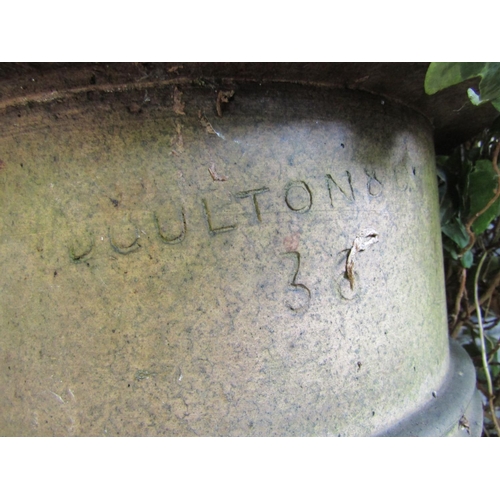 2035 - A weathered buff coloured cylindrical rib banded chimney pot stamped Dalton, impressed no. 35, 34 cm... 