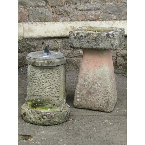 2054 - A weathered cast composition stone bird bath, 50 cm high, a weathered natural stone circular bird ba... 