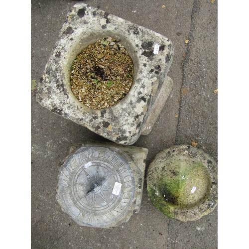 2054 - A weathered cast composition stone bird bath, 50 cm high, a weathered natural stone circular bird ba... 