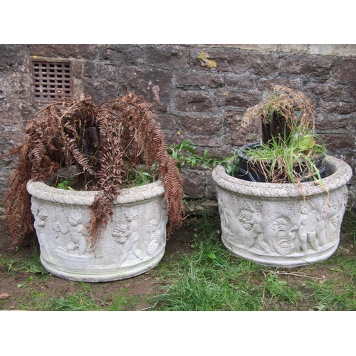 2066 - A pair of weathered cast composition stone circular garden planters, one planted, the other containi... 