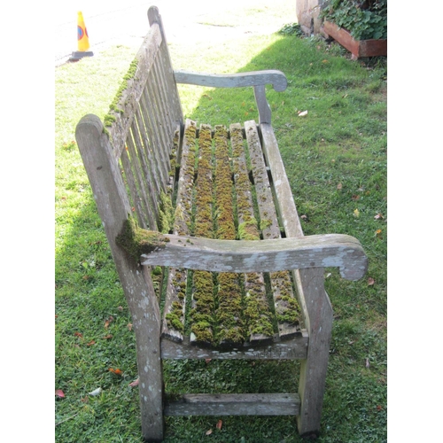 2071 - An R A Lister & Co Ltd well weathered teak garden/park bench 83 cm (6ft wide approx af)