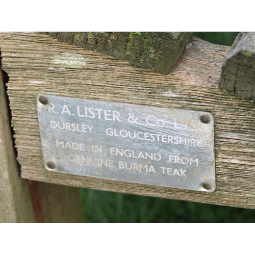 2071 - An R A Lister & Co Ltd well weathered teak garden/park bench 83 cm (6ft wide approx af)