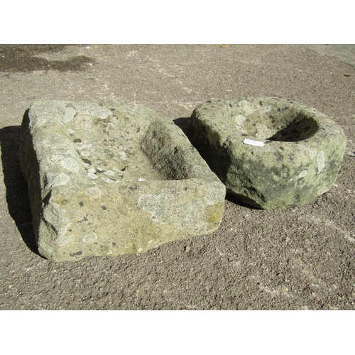 2082 - Two small carved natural stone troughs of rectangular and circular form, the rectangular example 22c... 