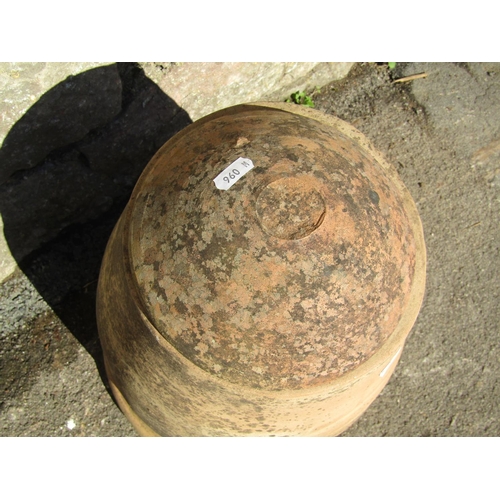 2093 - A weathered terracotta squat bell shaped rhubarb forcer and domed cap, 45cm high