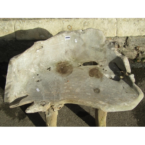 2099 - A weathered rustic carved wooden seat, approx 80cm wide x 66cm high x 46cm seat high